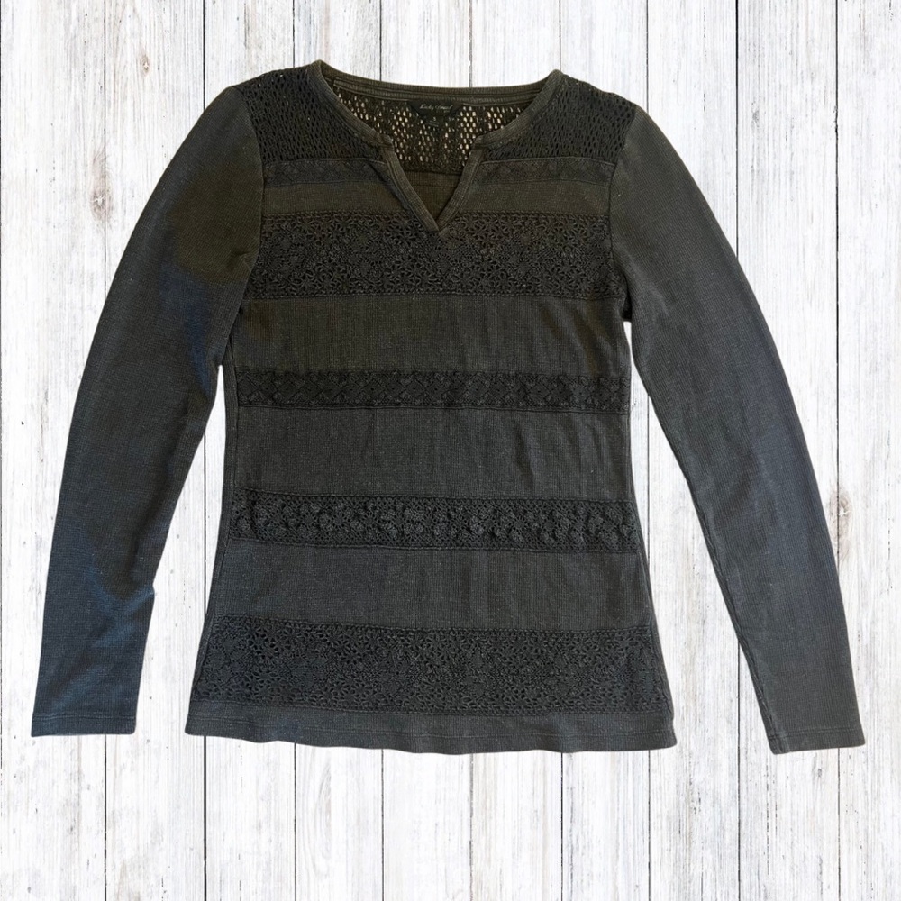 Lucky Brand Black Top Embroidered Long Sleeve Distressed Striped Small